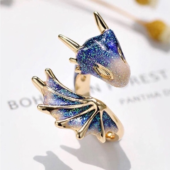 ✨3/$38 New Drip Glaze Glitter Blue Lucky Dragon Adjustable Statement Ring - Picture 10 of 14